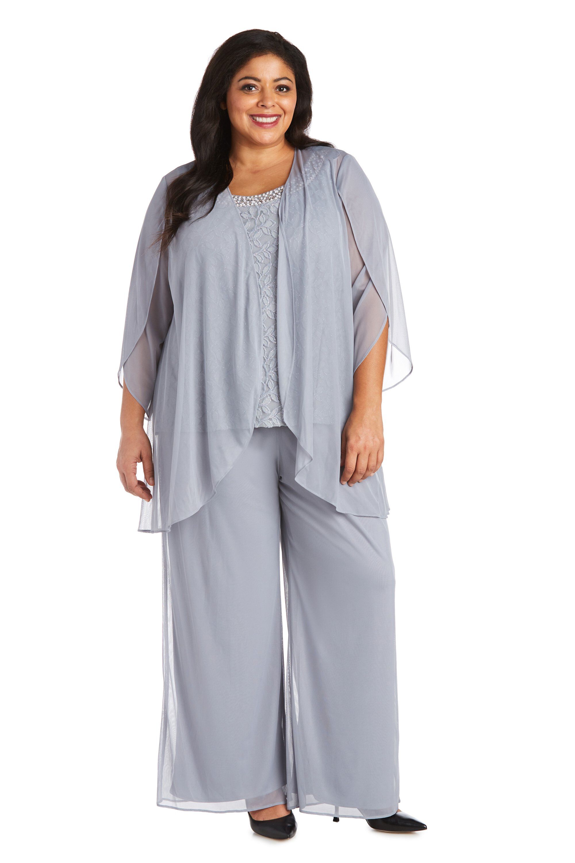 Three-Piece Duster Lace Pant Set with Pearl Detail and Sheer Cardigan, Silver, hi-res image number 0