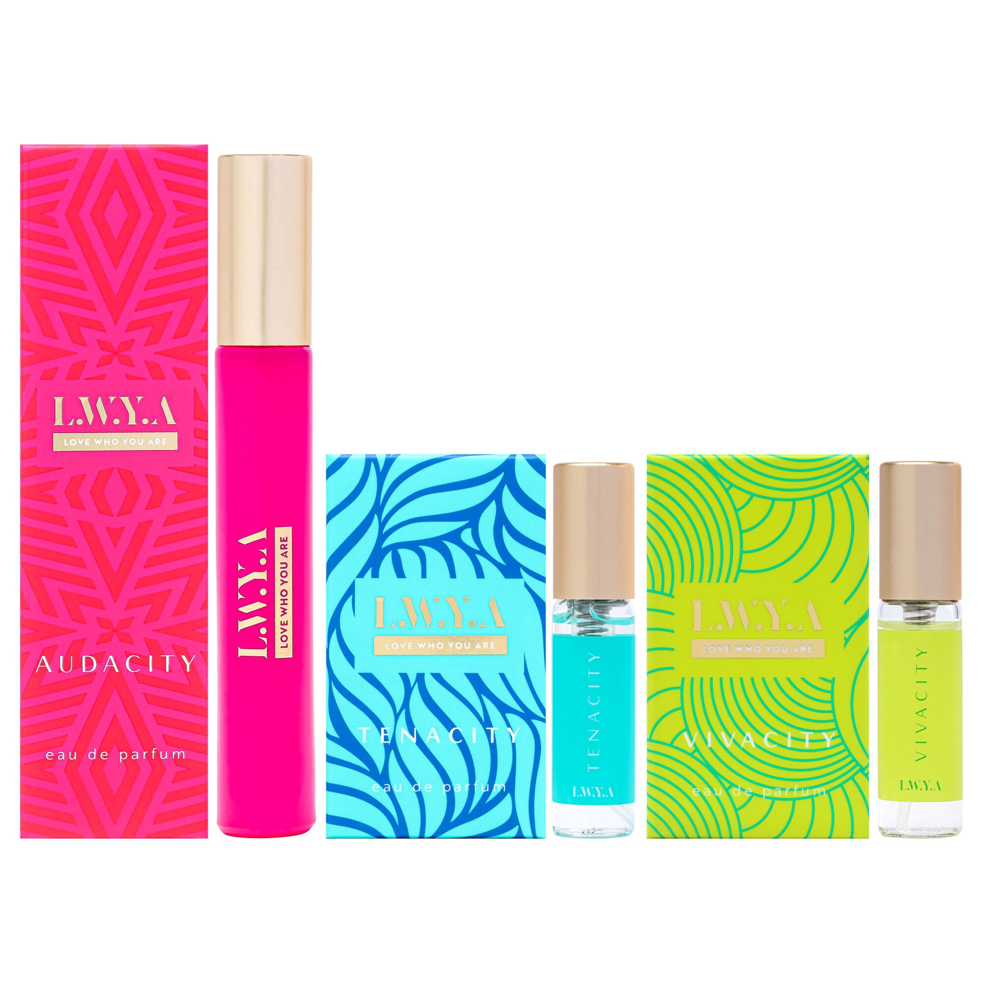 Audacity Discovery Set by LWYA for Women - 3 Pc Mini Gift Set 0.27oz Audacity EDP Spray, 0.1oz Tenacity EDP Spray, 0.1oz Vivacity EDP Spray, See Description, hi-res image number 0