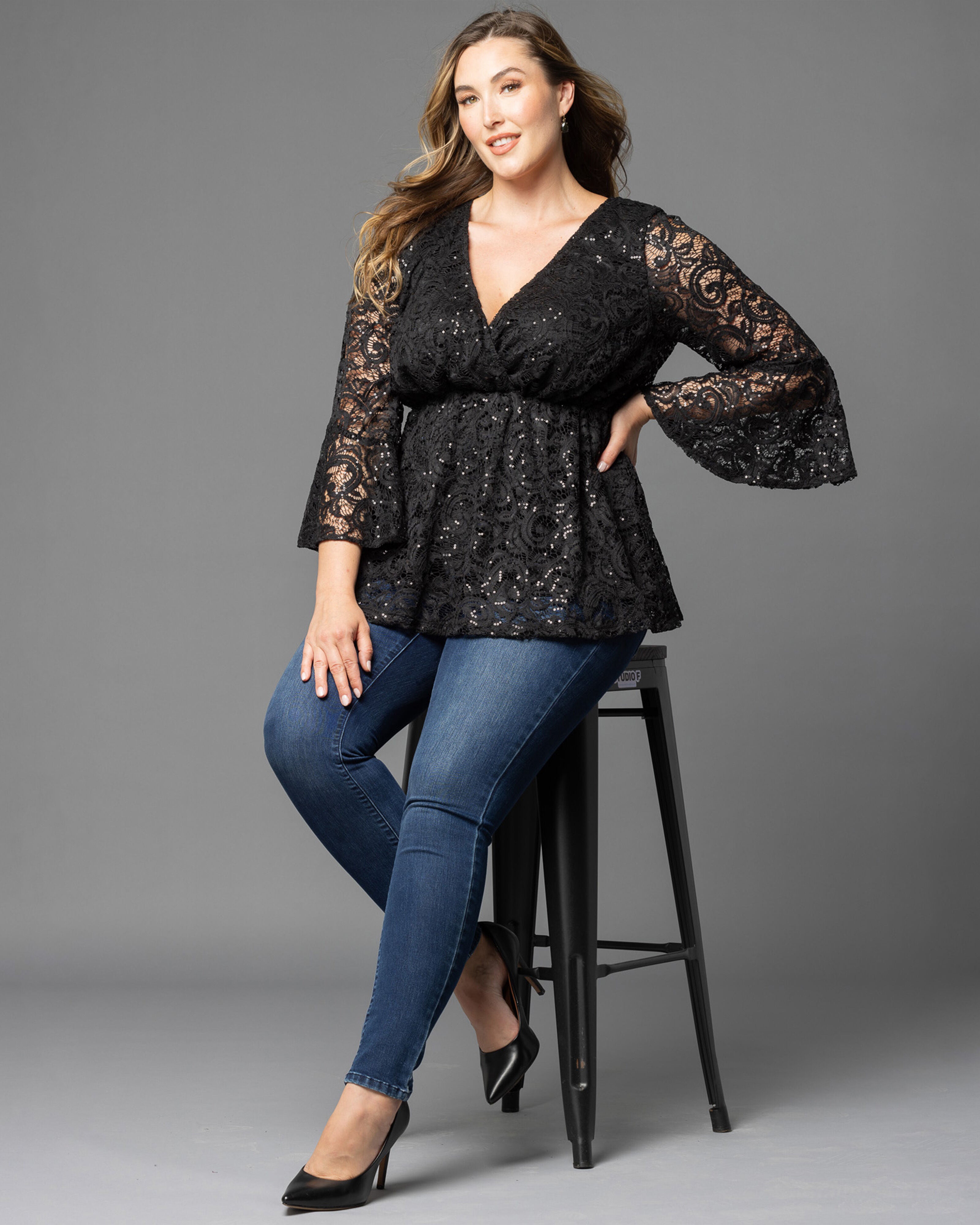 Sequin Sparkle Bell Sleeve Lace Top, , alternate image number 7