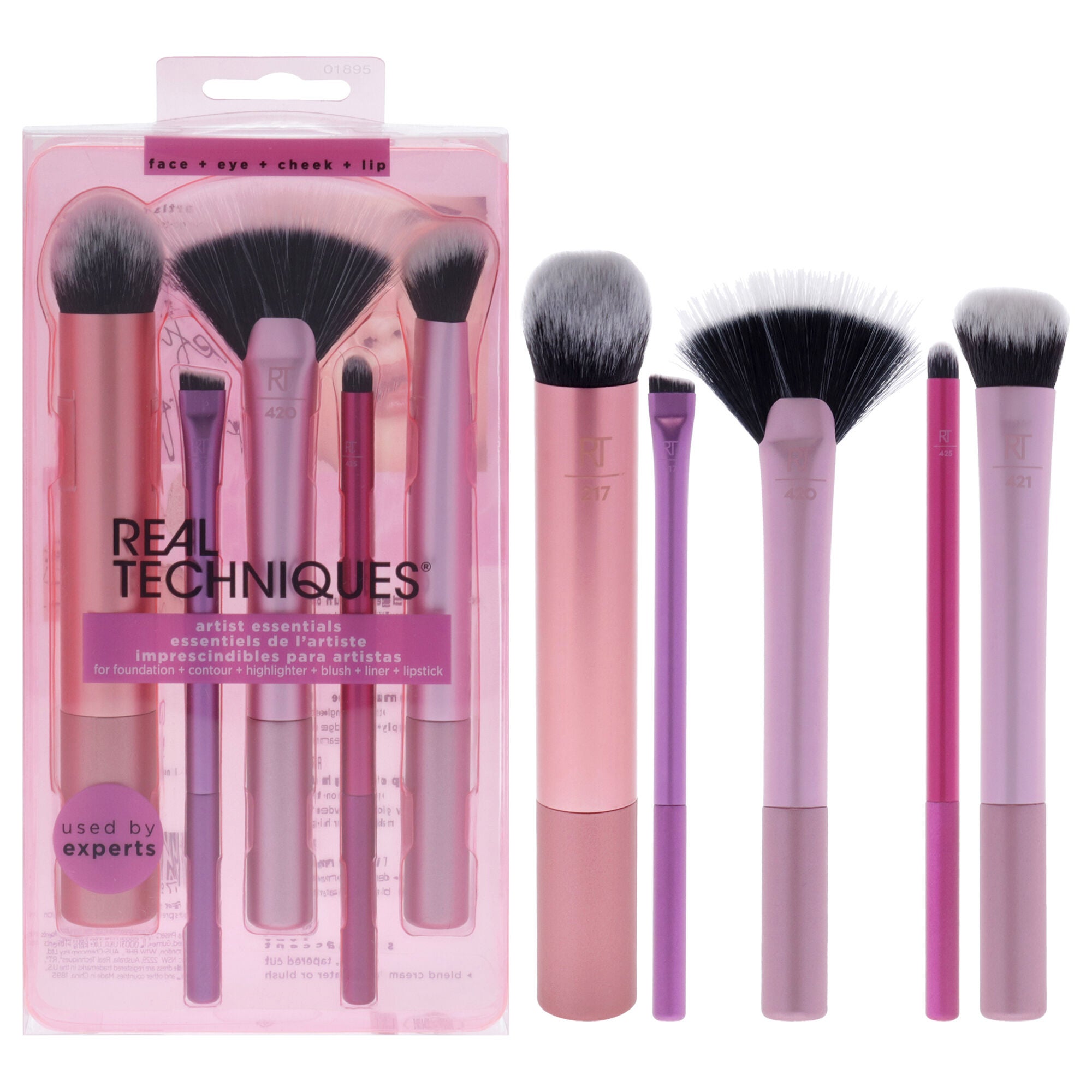 Artist Essentials Set by Real Techniques for Women - 5 Pc Expert Edge Foundation Brush - 217, Smudge Liner Brush - 317, Spotlight Fan Brush - 420, Lip Smudge Brush - 425, Soft Accent Brush - 421, Multi, hi-res image number 0