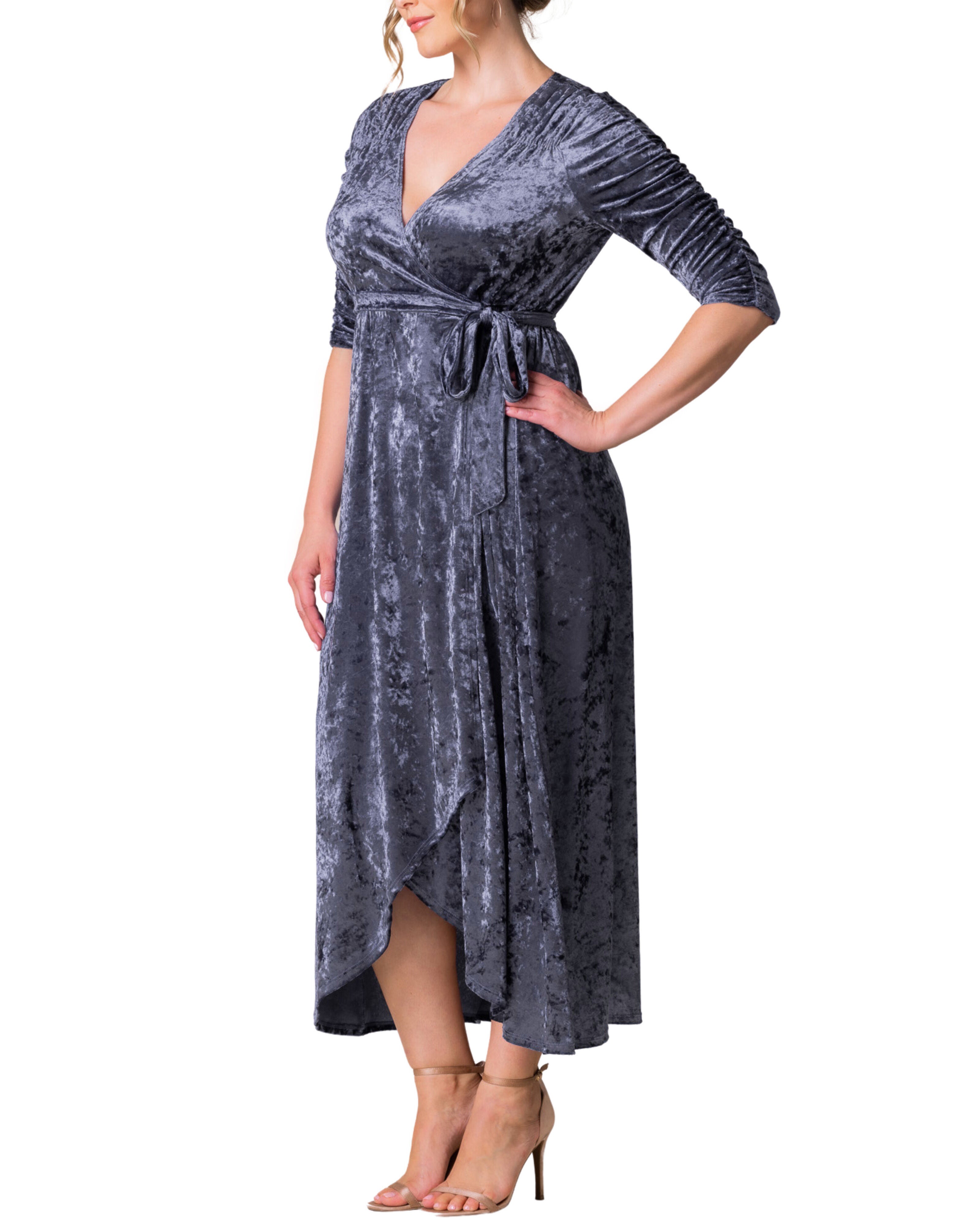 Cara Velvet Long Wrap Gown, DEEP FROST / Dusty Blue, alternate image number 3