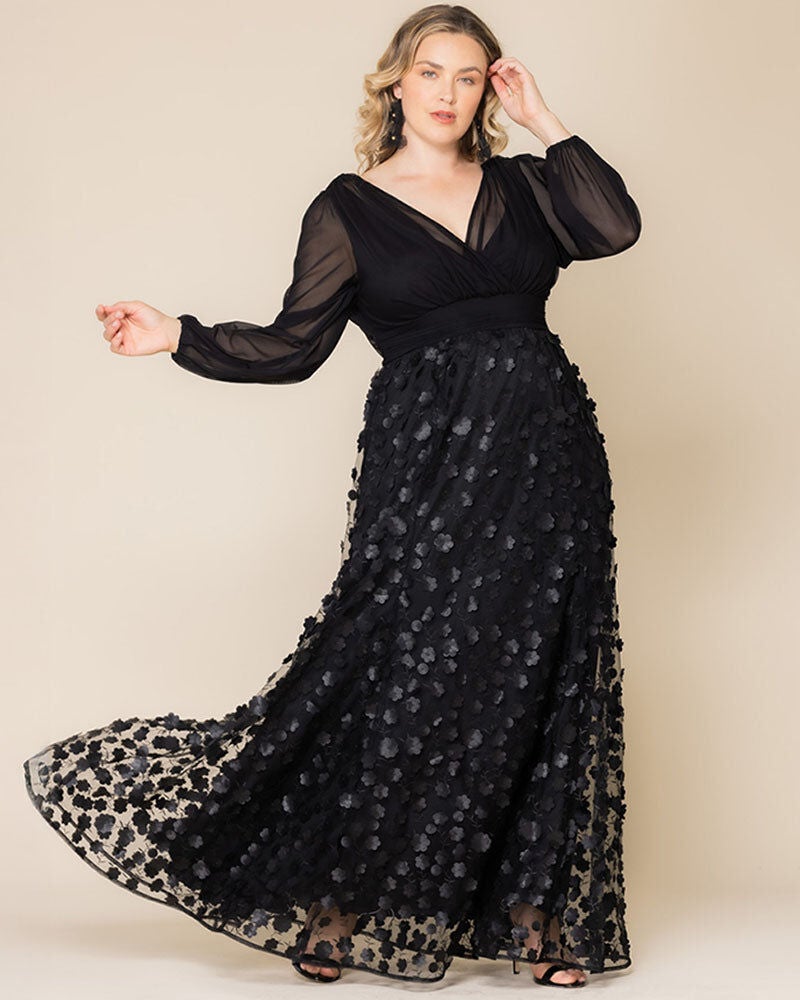 Blossoming Beauty Mesh Evening Gown, Onyx Blossoms, hi-res image number 0