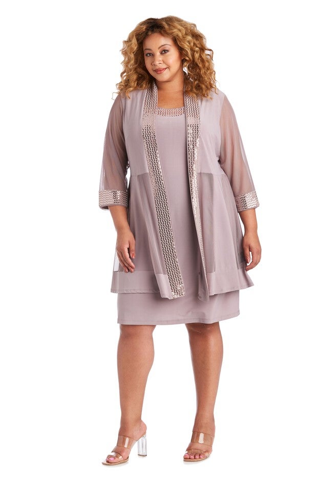 Dress and Jacket Set with Sheer Sleeves and Embellished Edges, Champagne, hi-res image number null