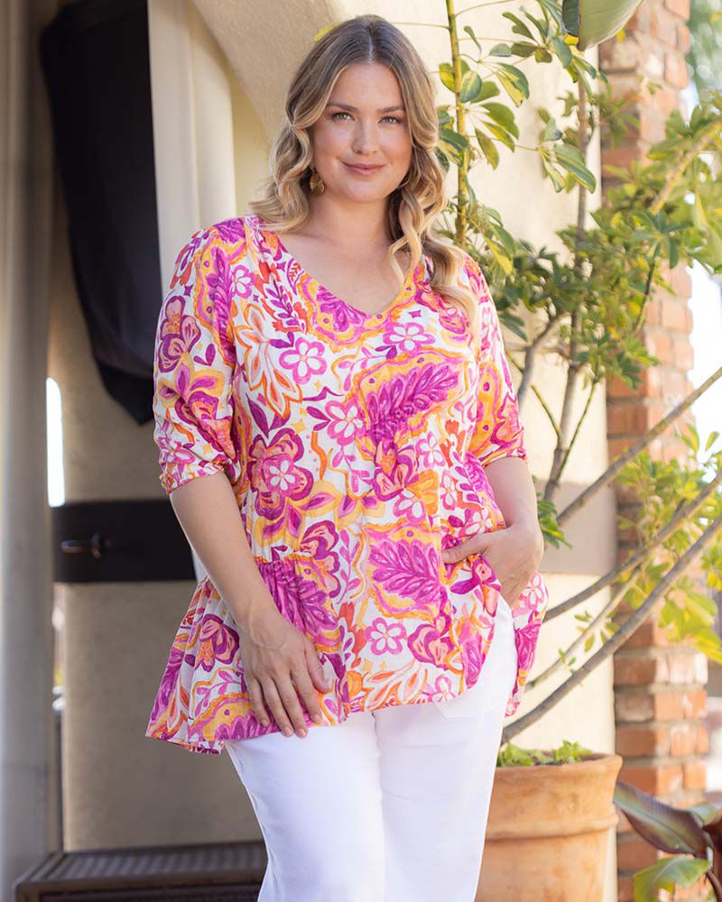 Oasis Flowy Tunic Top, Artsy Tropical Print, hi-res image number 0