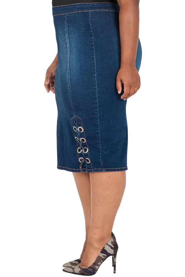 Plus Size Curvy Womens High Waist Double Split Denim Pencil Skirt, , alternate image number null