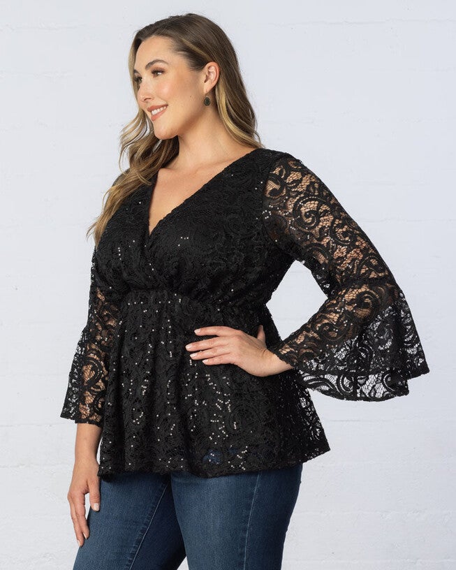 Sequin Sparkle Bell Sleeve Lace Top, , alternate image number null