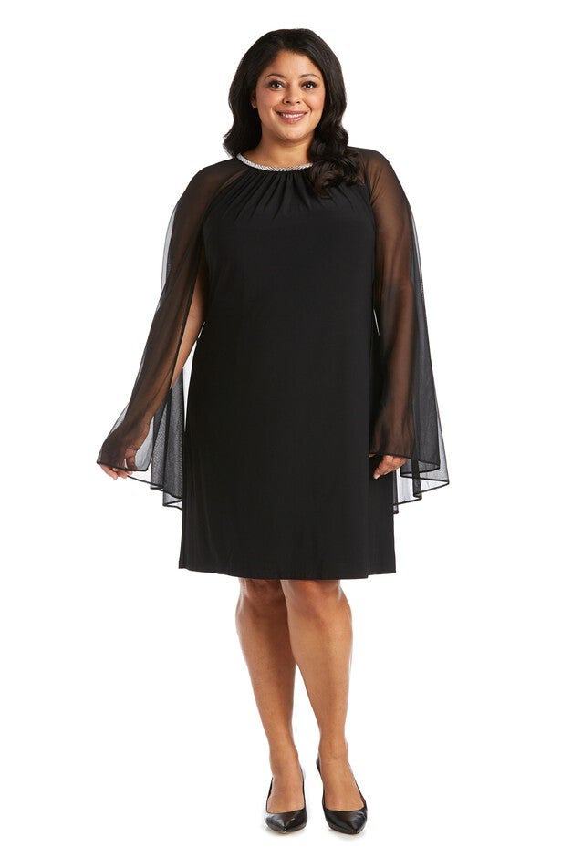 Chiffon Dress with Rhinestone Neckline and Sheer Capelet - Plus, Black, hi-res image number null