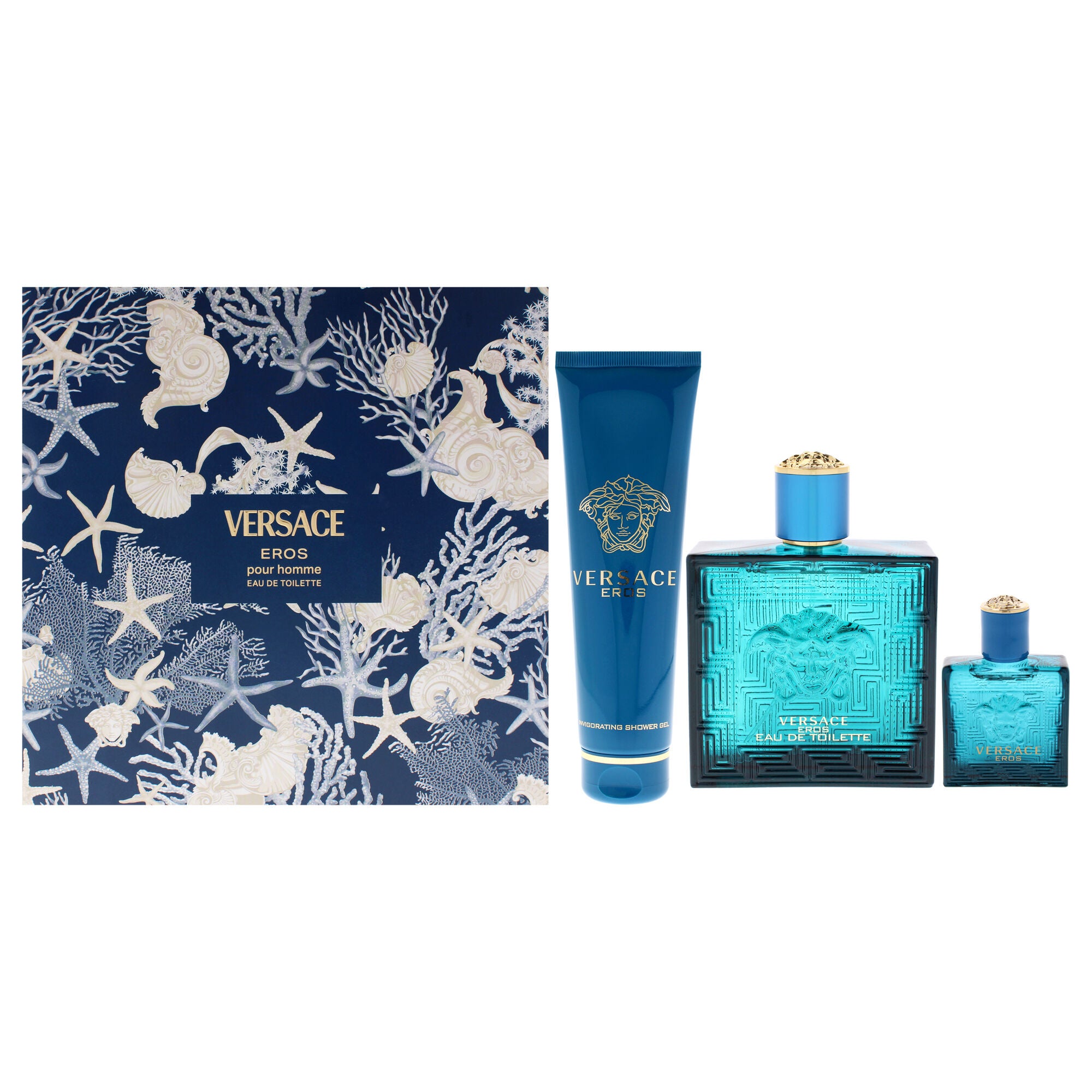 Versace Eros by Versace for Men - 3 Pc Gift Set 3.4oz EDT Spray, 0.17oz EDT Spray Vial (Mini), 5oz Shower Gel, Clear, hi-res image number 0