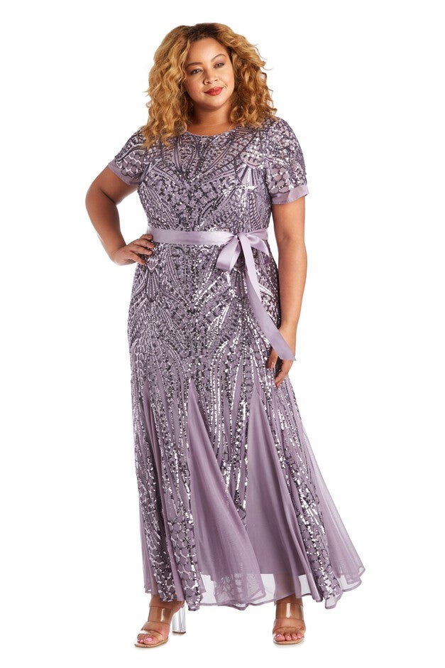 Long Short Sleeve Gown with All-Over Embellishment and Satin Waist Tie, Lavender, hi-res image number null