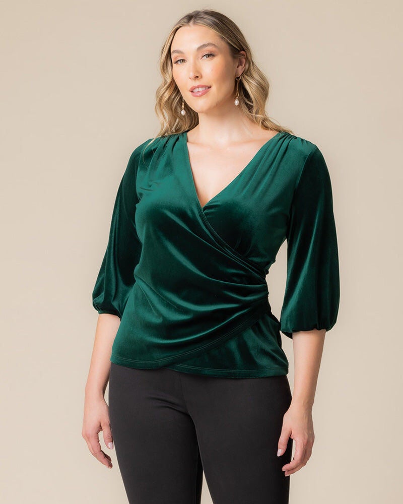 Odette Velvet Faux Wrap Top, Emerald Green, hi-res image number 0