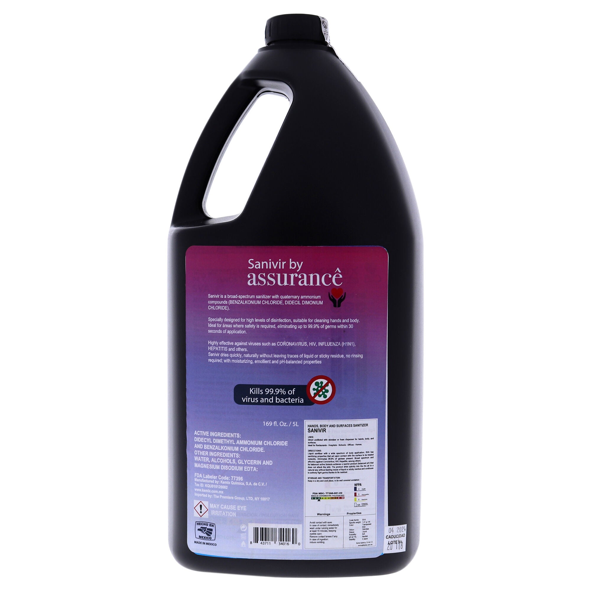 Sanivir Hand Sanitizer Solution by Assurance for Unisex - 5 Liter Hand Sanitizer, See Description, hi-res image number 0