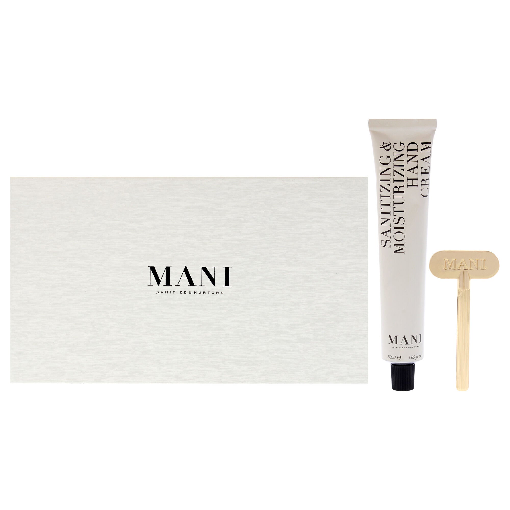 Sanitizing and Moisturizing Hand Cream Set by Mani for Women - 2 Pc 1.6oz Sanitizing Moisturizing Hand Cream, Tool, See Description, hi-res image number 0