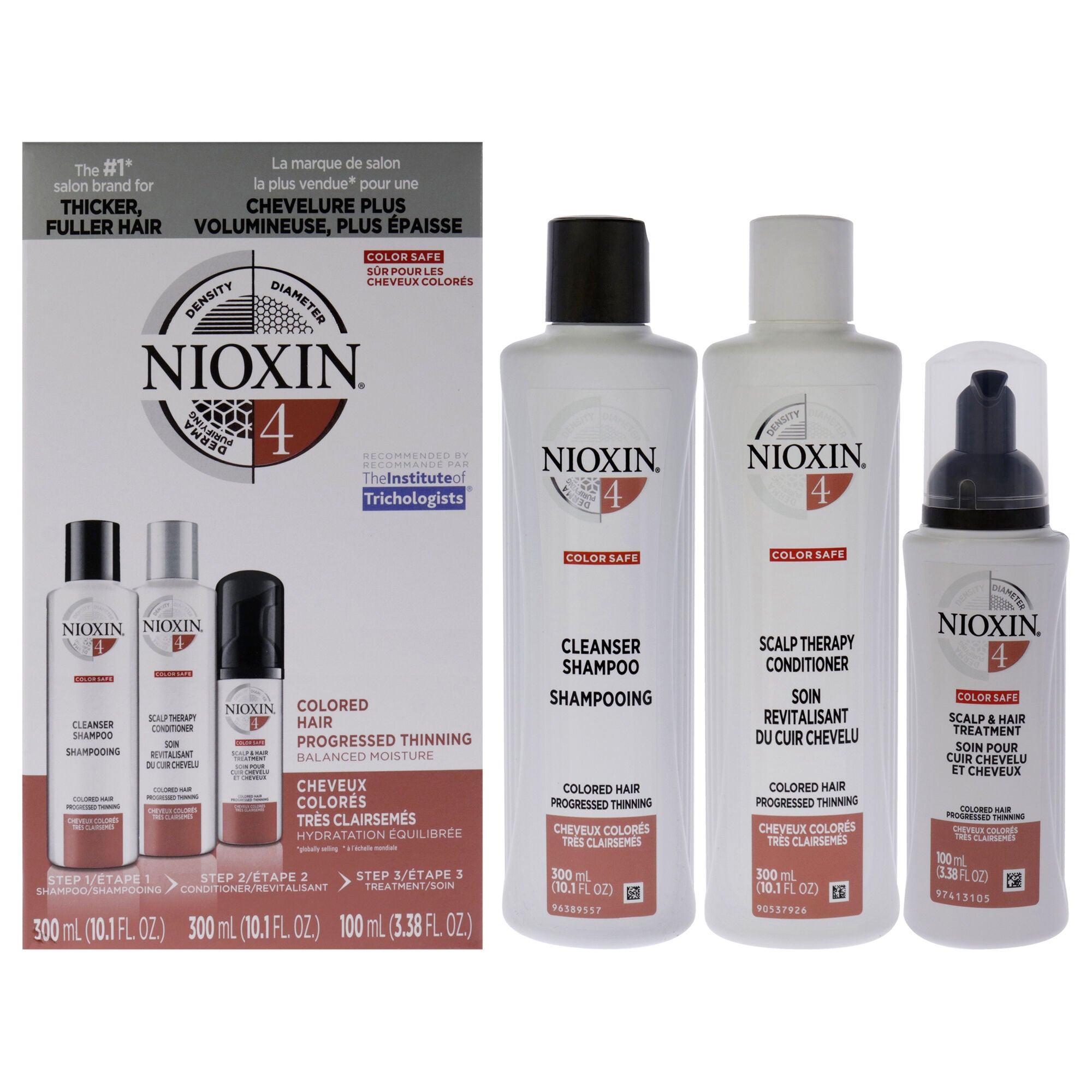 System 4 Kit by Nioxin for Unisex - 3 Pc 10.1oz Color Safe Cleanser Shampoo, 10.1 oz Color Conditioner, 1Liter Color Safe Scalp and Hair Treatment, See Description, hi-res image number 0