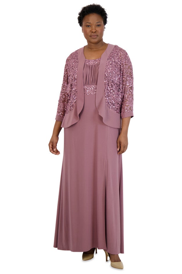Two-Piece Ruffle Front Lace Jacket Dress - Plus, Dark Rose, hi-res image number null