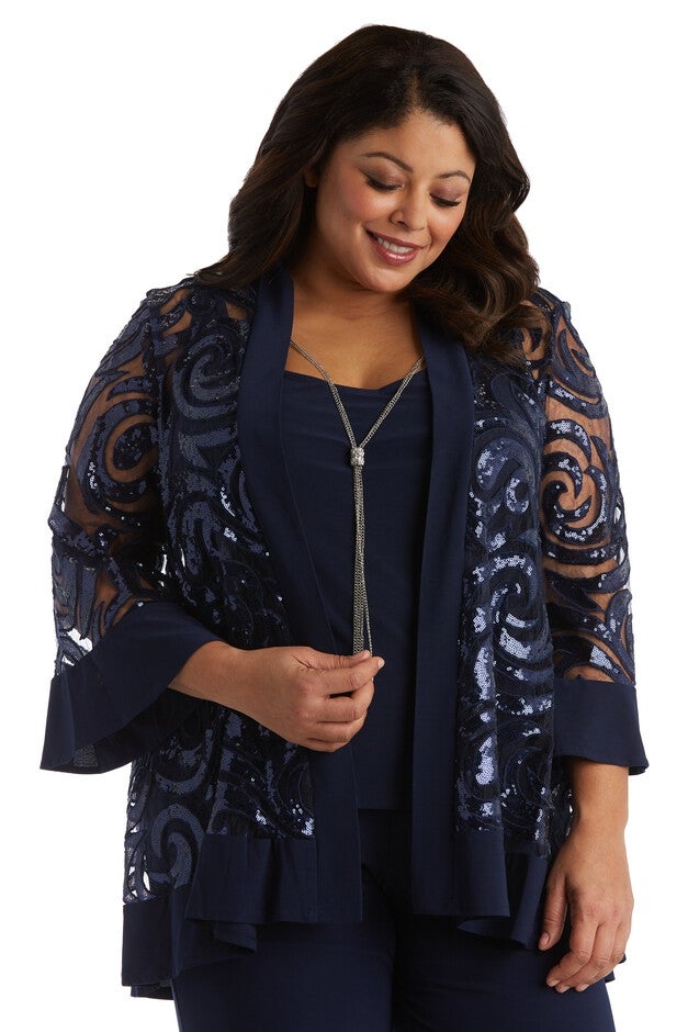 Tank Top and Pant Set With Sequin Swing Jacket and Built In Necklace - Plus, , alternate image number null