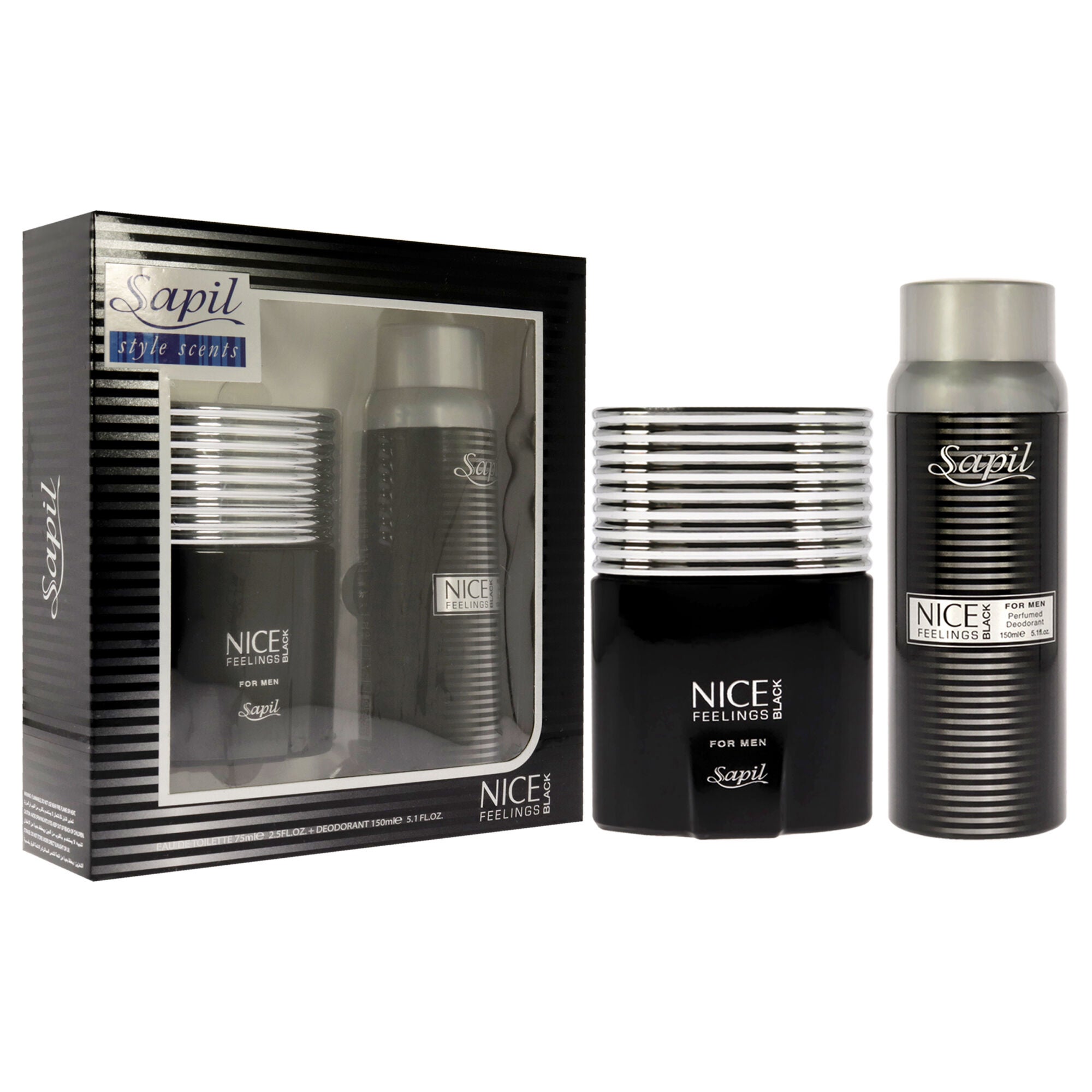 Nice Feeling Black by Sapil for Men - 2 Pc Gift Set 2.5oz EDT Spray, 5.1oz Perfumed Deodorant Spray, See Description, alternate image number 1