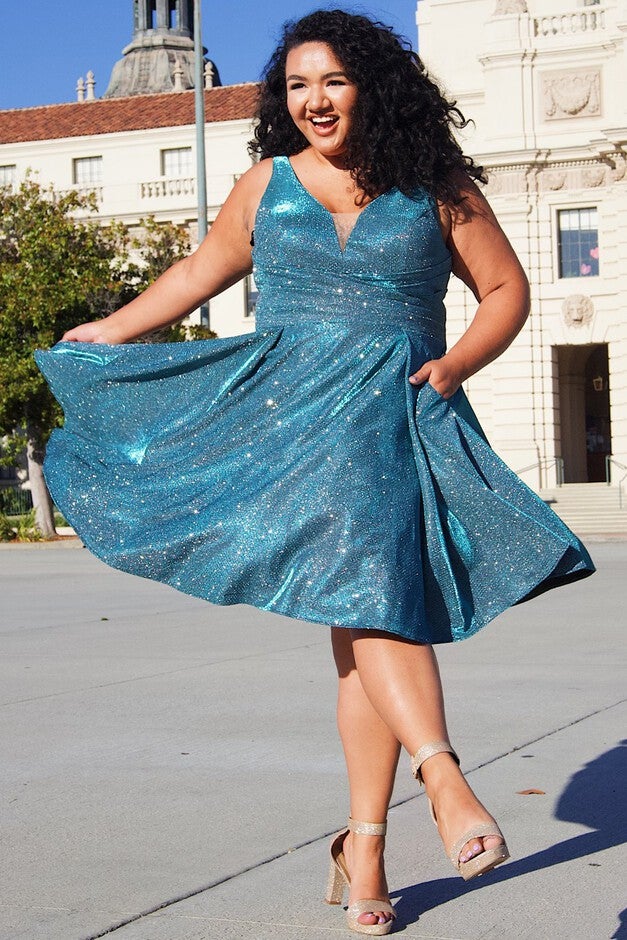 Northern Lights Short Plus Size Party Dress with Pockets, Teal, hi-res image number 0