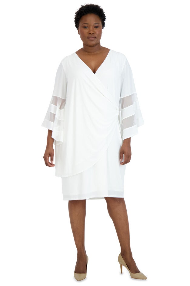 Wraparound Knee-Length Dress with Bell Sleeves - Plus, White, hi-res image number null