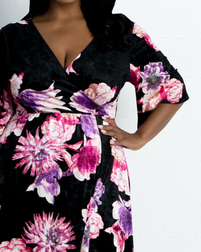 Fit and Flair Velvet Dress, Black Floral, alternate image number 1