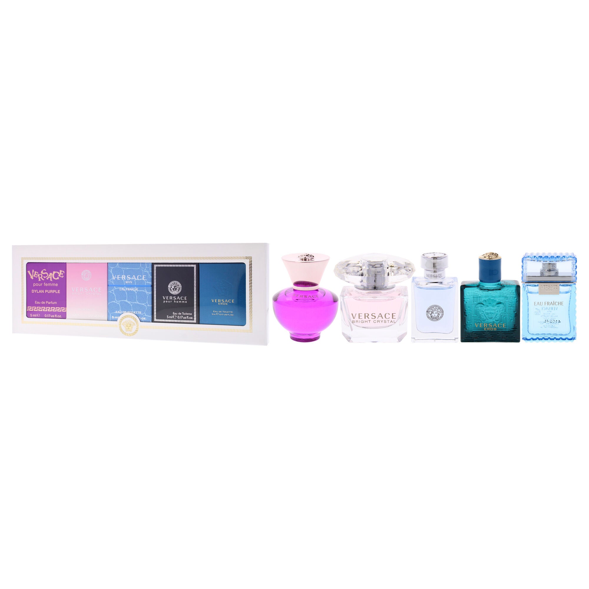 Versace Miniatures Collection by Versace for Unisex - 5 Pc Mini Gift Set 0.17oz Versace Dylan Purple EDP Splash, 0.17oz Versace Bright Crystal EDT Splash, 0.17oz Versace EDT Splash, 0.17oz Versace Pour Homme EDT Splash, 0.17oz Versace Eros EDT Splash, Clear, alternate image number 3