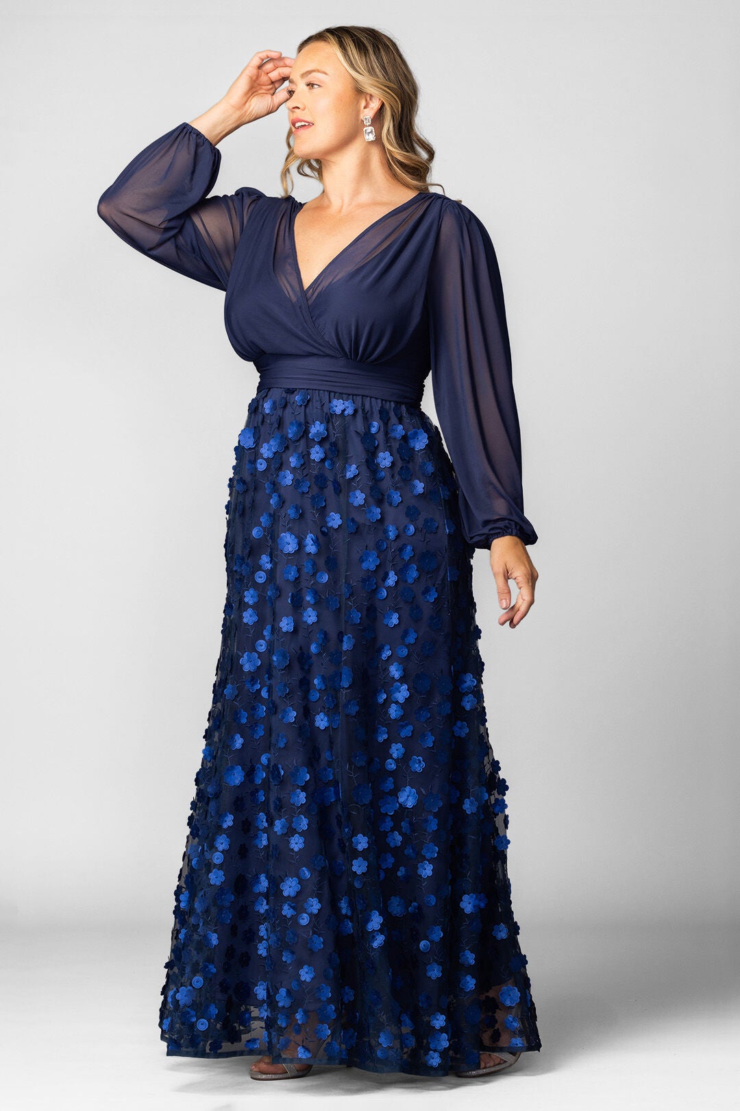 Blossoming Beauty Mesh Evening Gown, Navy Blossoms / Navy, alternate image number 3