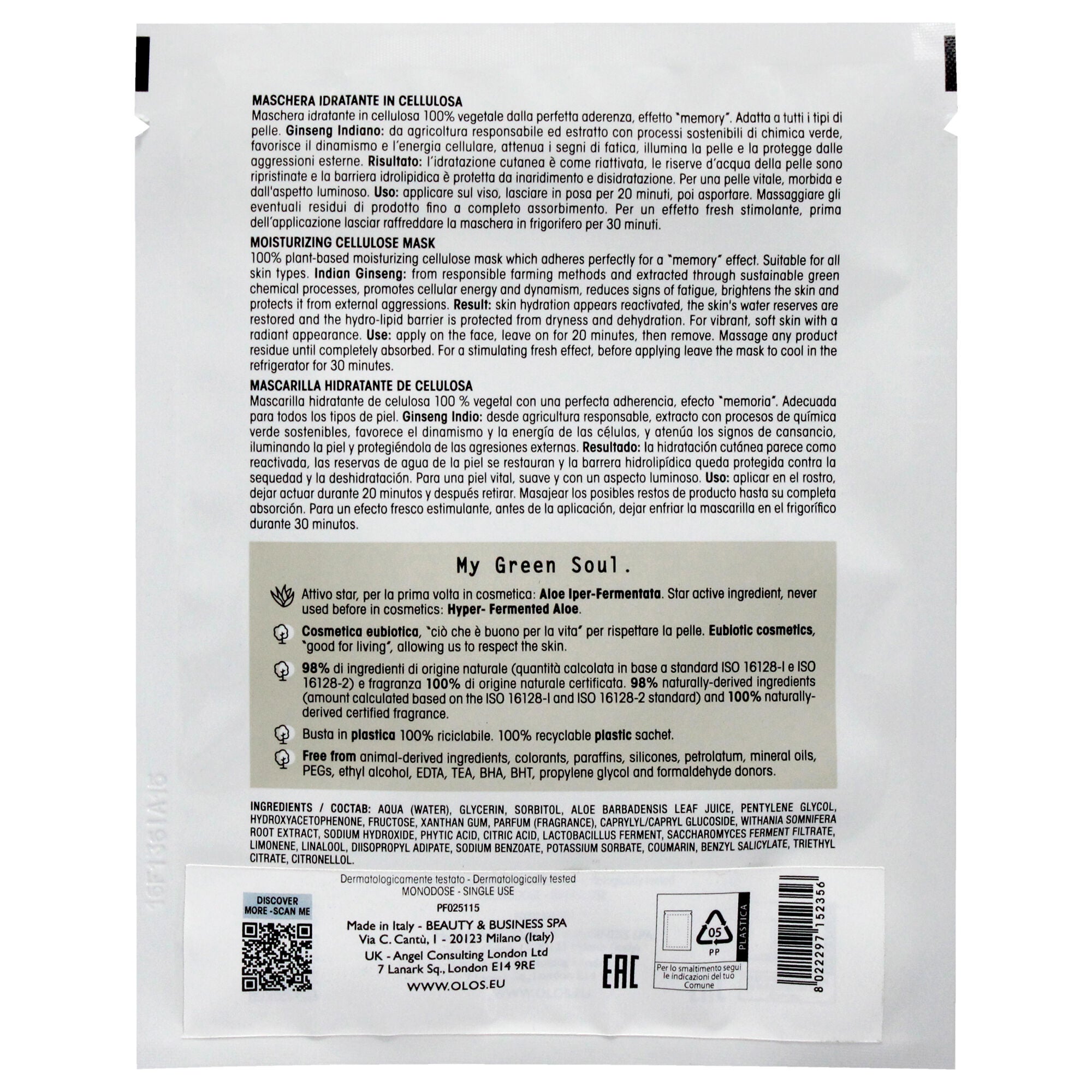 Moisturizing Cellulose Mask by Olos for Unisex - 0.68 oz Mask, See Description, alternate image number 2