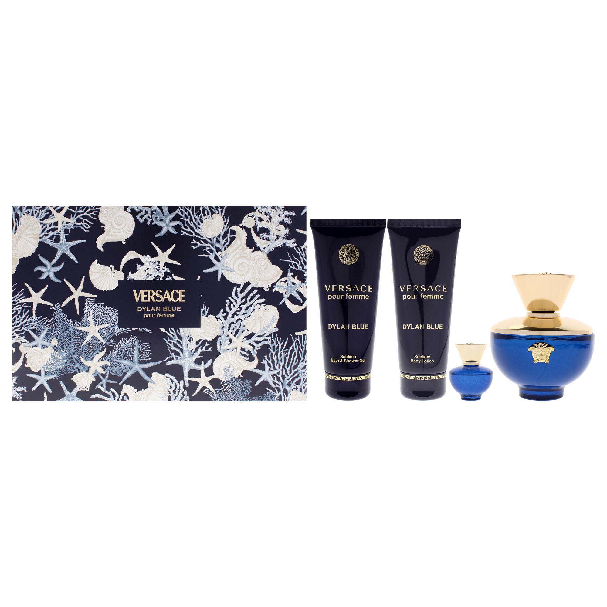 Dylan Blue by Versace for Women - 4 Pc Gift Set 3.4oz EDP Spray, 0.17oz EDP Splash (Mini), 3.4oz Body Lotion, 3.4oz Bath and Shower Gel, Clear, hi-res image number 0
