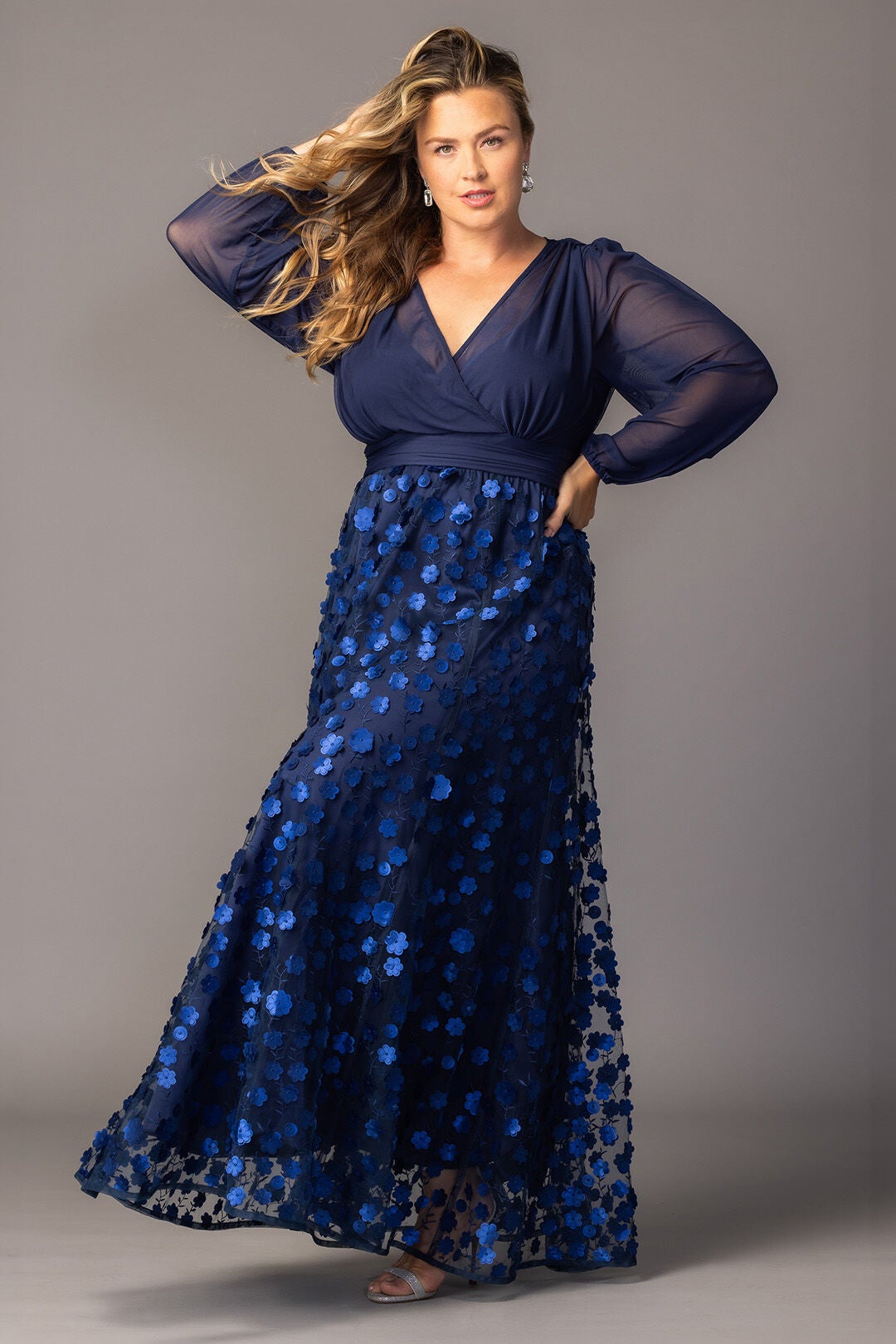 Blossoming Beauty Mesh Evening Gown, Navy Blossoms / Navy, alternate image number 5