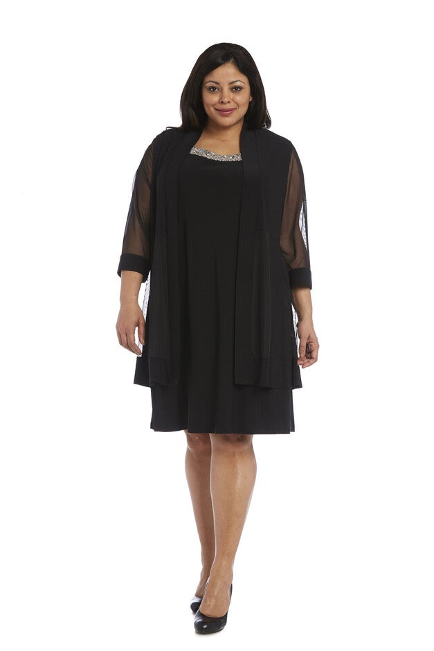 Knee-Length Dress with Beaded Neckline and Soft Jacket with Sheer Sleeves, Black, hi-res image number 0