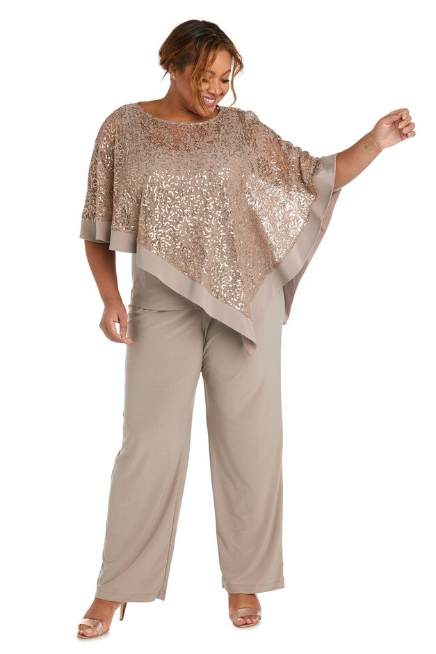Faux 3-Piece Pant Set with Sequin and Lace Poncho, Mocha, hi-res image number null