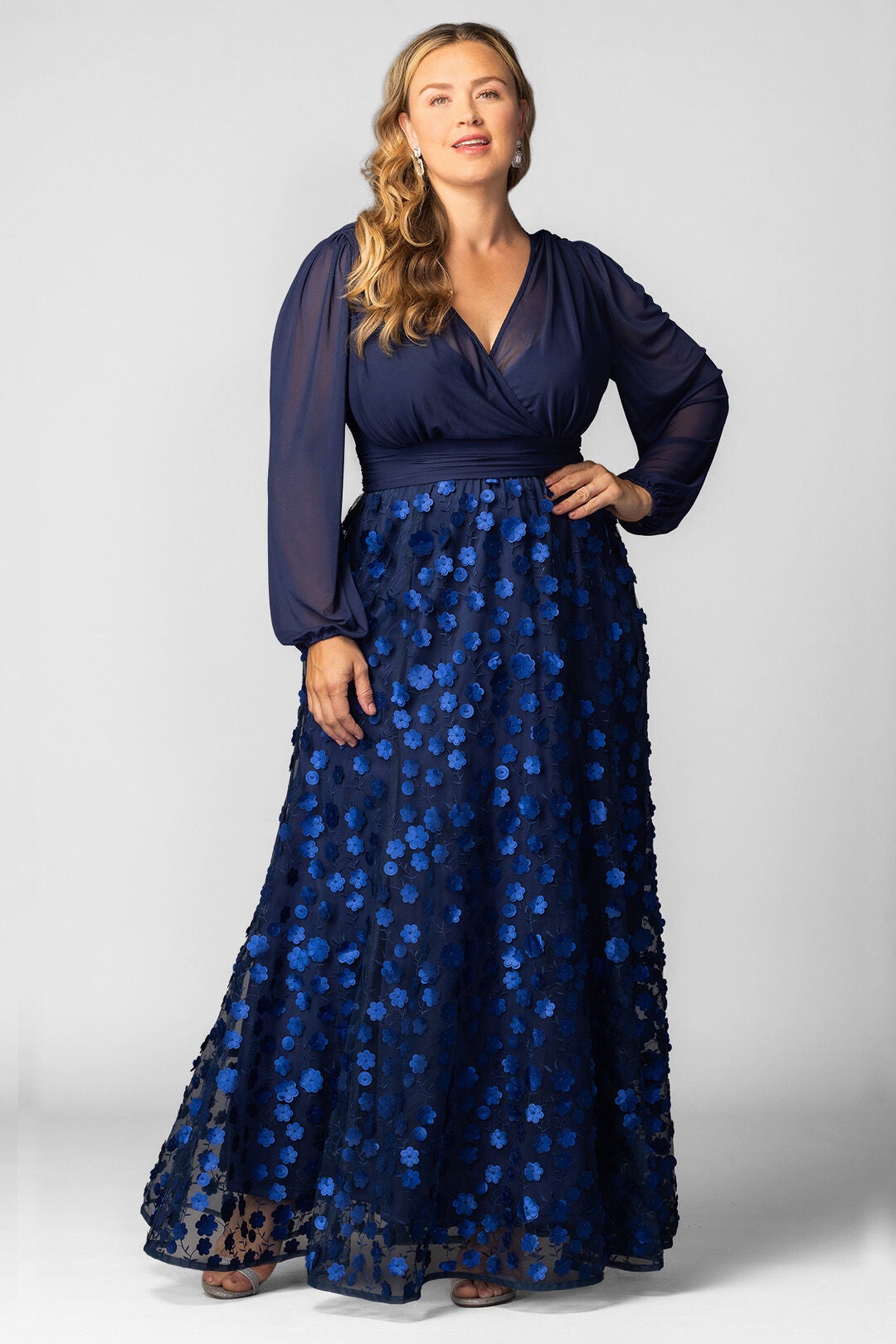 Blossoming Beauty Mesh Evening Gown, Navy Blossoms / Navy, hi-res image number 0