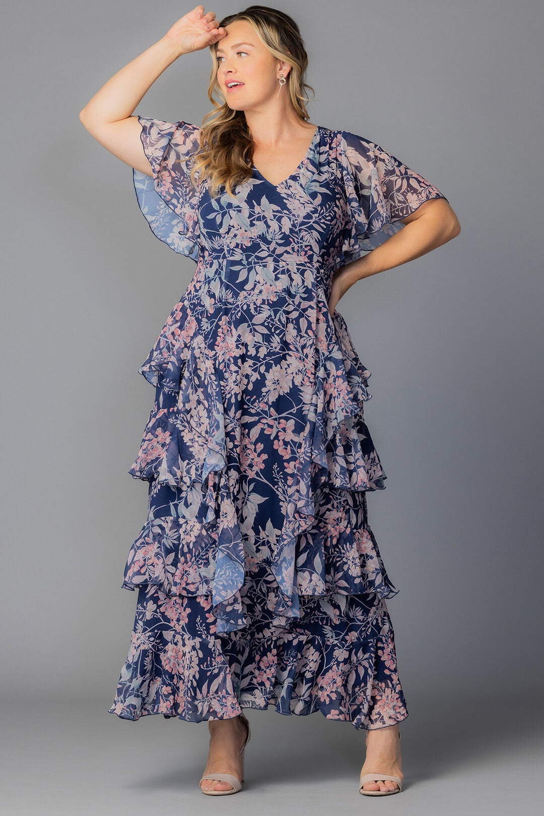 Florence Flutter Sleeve Dress, Navy Wisteria Blooms / Navy, alternate image number 5