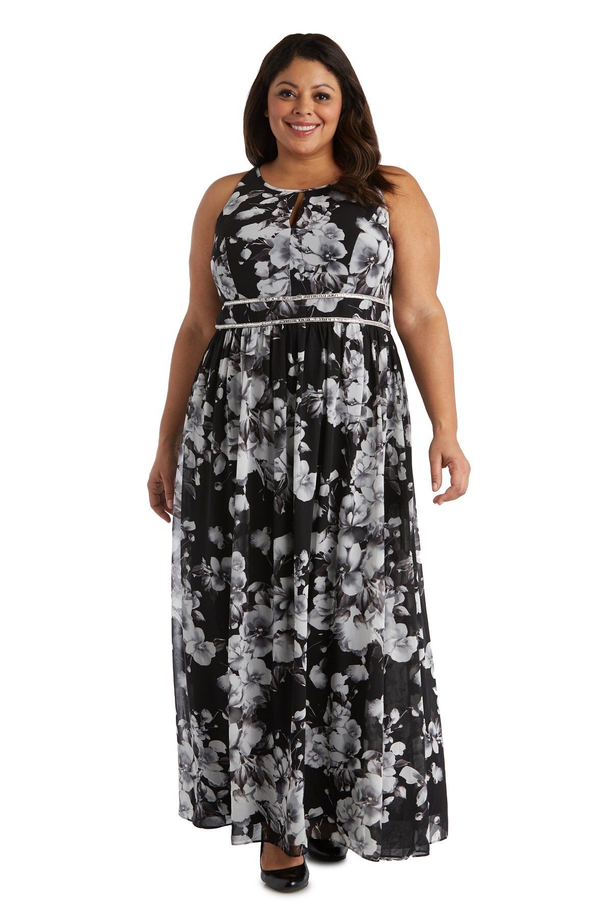 One Piece Print Chiffon Cutaway Halter Dress, BlackIvory, hi-res image number 0