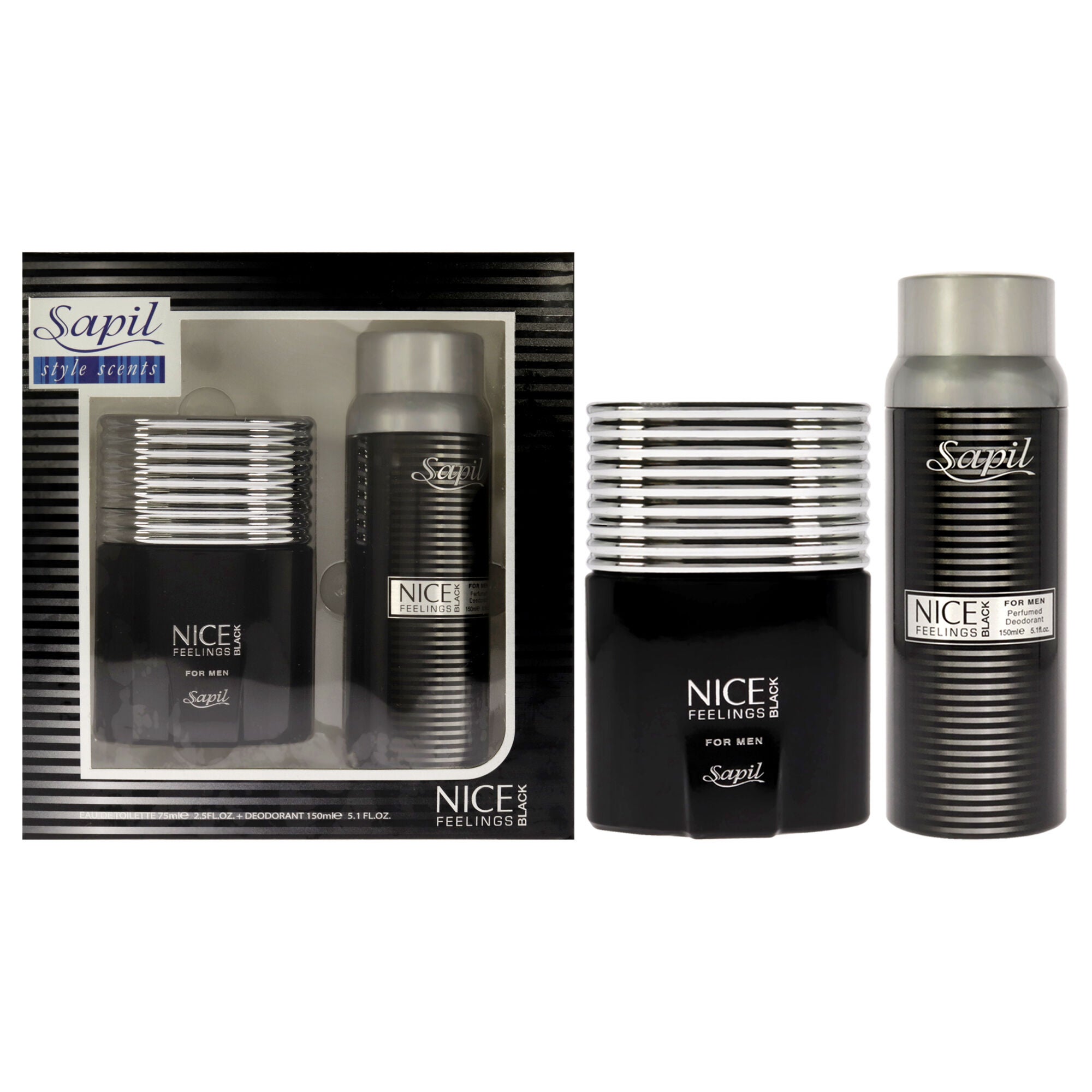 Nice Feeling Black by Sapil for Men - 2 Pc Gift Set 2.5oz EDT Spray, 5.1oz Perfumed Deodorant Spray, See Description, hi-res image number 0