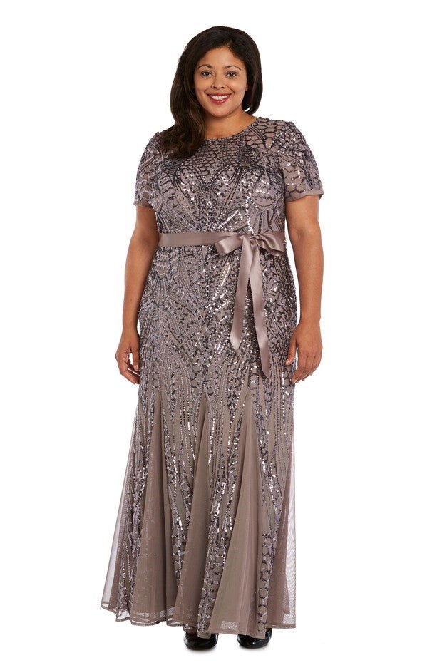 Long Short Sleeve Gown with All-Over Embellishment and Satin Waist Tie, Mocha, hi-res image number null