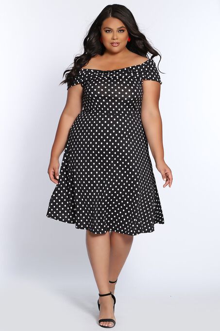 Vintage Vibes Polka Dot Short Plus Size Party Dress, BlackWhite, hi-res image number null