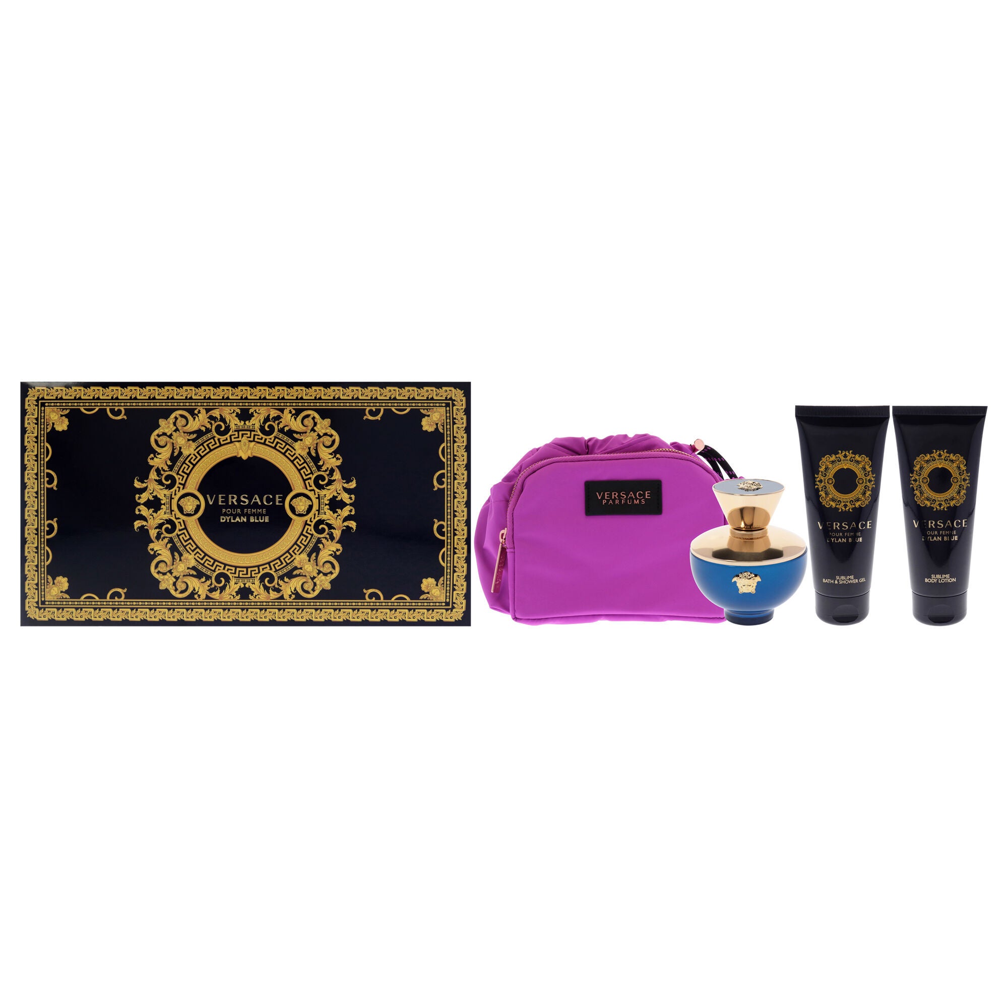 Dylan Blue by Versace for Women - 4 Pc Gift Set - 3.4oz EDP Spray, 3.4oz Sublime Body Lotion, 3.4oz Sublime Bath and Shower Gel, Makeup Case, See Description, hi-res image number 0