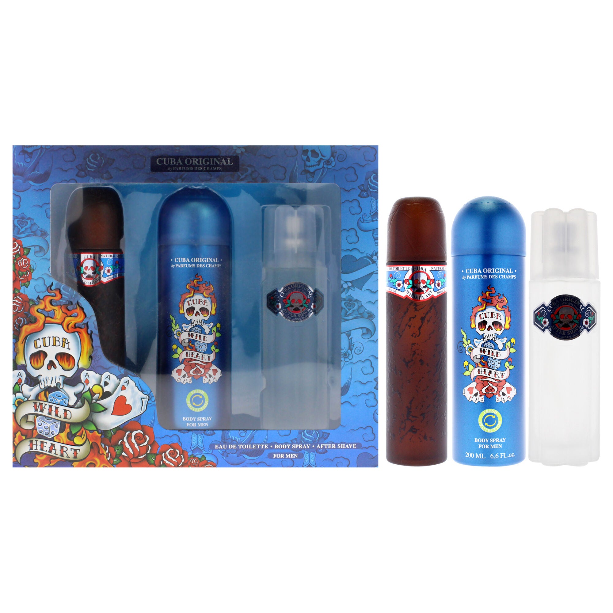Cuba Wild Heart by Cuba for Men - 3 Pc Gift Set 3.4oz EDT Spray, 3.3oz After Shave, 6.7oz Body Spray, See Description, hi-res image number 0