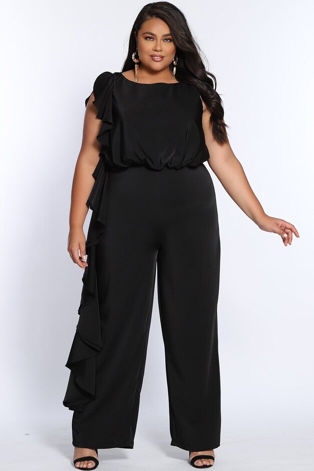 All About The Frills Plus Size Sleeveless Jumpsuit, Black, hi-res image number 0