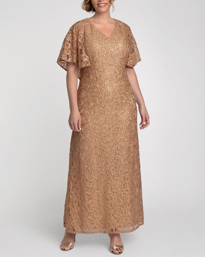 Celestial Cape Sleeve Gown, GoldChampagne, hi-res image number 0