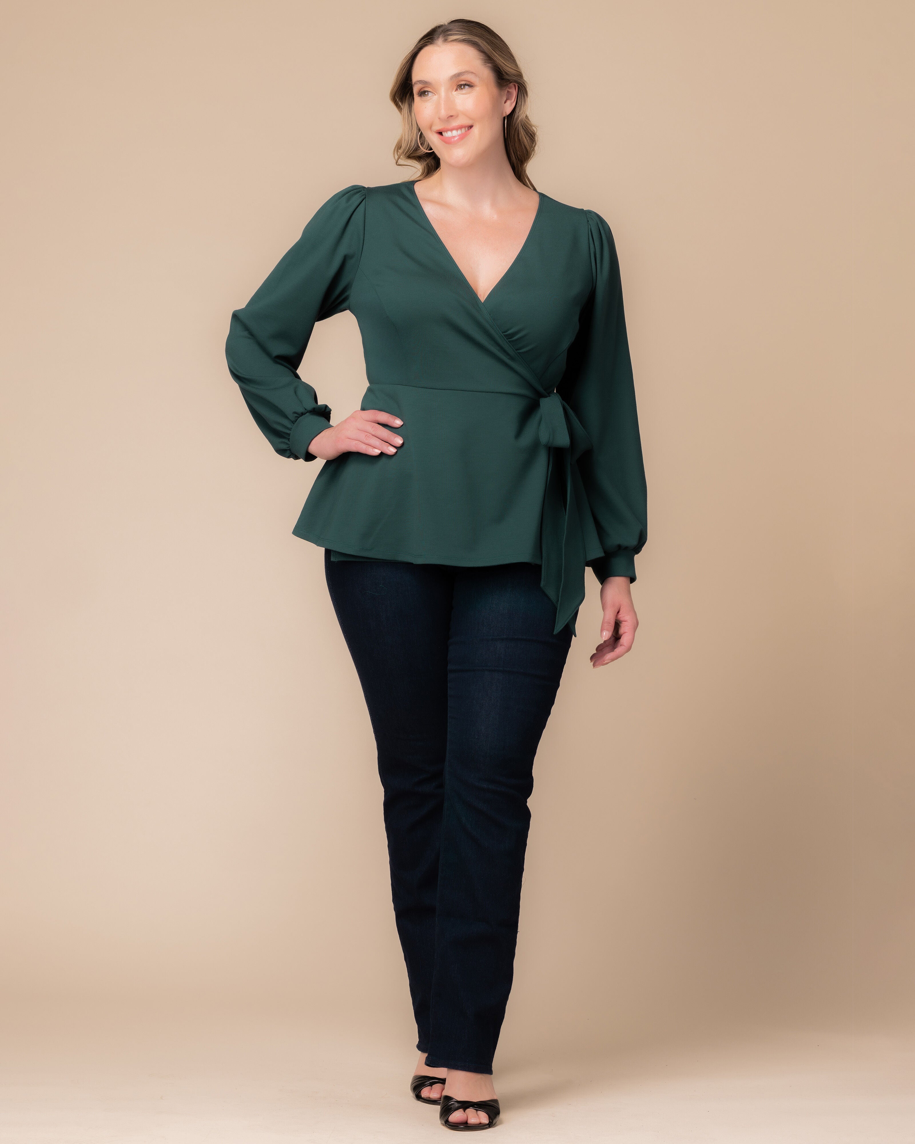Natasha Long Sleeve Wrap Top, HUNTER GREEN / Hunter Green, alternate image number 3