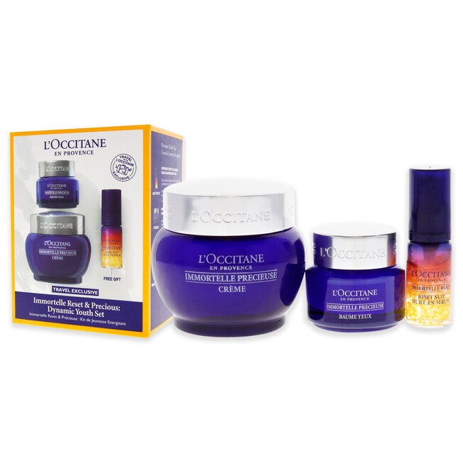 Immortelle Reset and Precious Dynamic Youth Set by LOccitane for Unisex - 3 Pc 0.16oz Overnight Reset Oil-In-Serum, 0.5oz Eye Balm, 1.7oz Cream, NA, alternate image number null