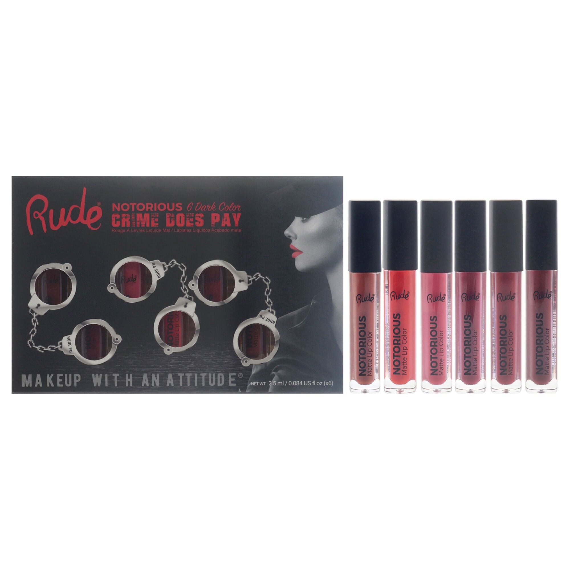 Crime Does Pay Notorious - Dark by Rude Cosmetics for Women - 6 Pc 0.084oz Lipstick - Amulet, 0.084oz Lipstick - Bewitching, 0.084oz Lipstick - Hypnotic, 0.084oz Lipstick - Secretacy, 0.084oz Lipstick - Seductress, 0.084oz Lipstick - Sorceress, Multi, hi-res image number 0