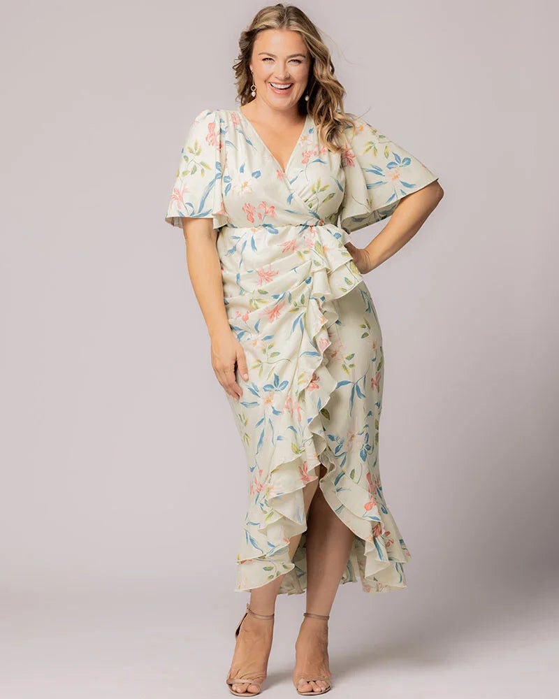 Alexandra Ruffle Faux Wrap Dress, Lush Lily Print / Light Blue, hi-res image number 0