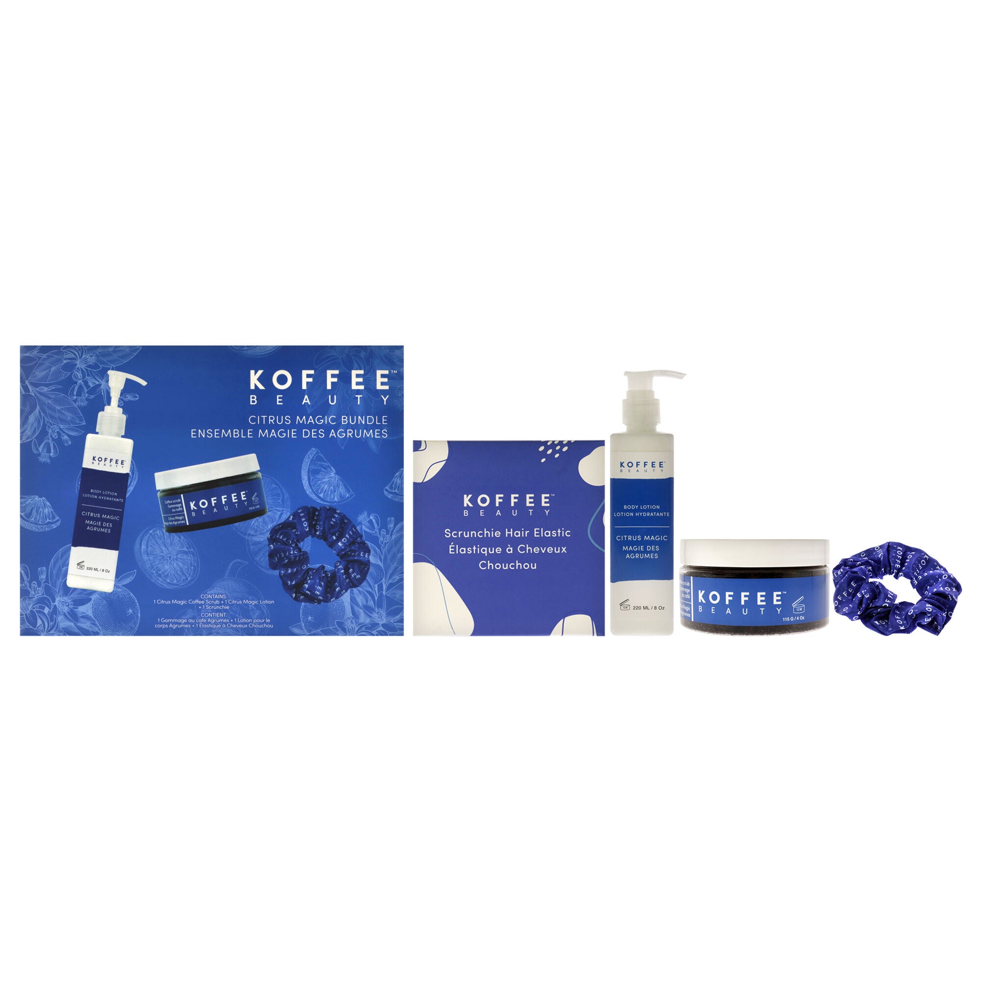 Citrus Magic Set by Koffee Beauty for Unisex - 3 Pc 4oz Citrus Magic Coffee Scrub, 8oz Citrus Magic Body Lotion, Silk Scrunchie, See Description, hi-res image number 0