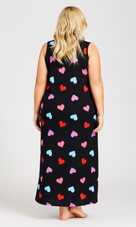 Heart Print Maxi Sleep Dress - black, , alternate image number 1