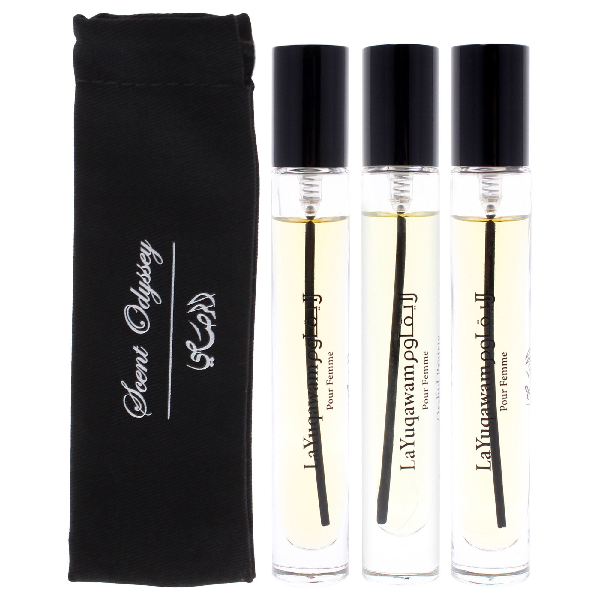 Scent Odyssey - La Yuqawam by Rasasi for Women - 3 Pc Mini Gift Set 0.25oz LaYuqawam Pour Femme EDP Spray, 0.25oz Jasmine Wisp EDP Spray, 0.25oz Orchid Prairie EDP Spray, Clear, alternate image number 1