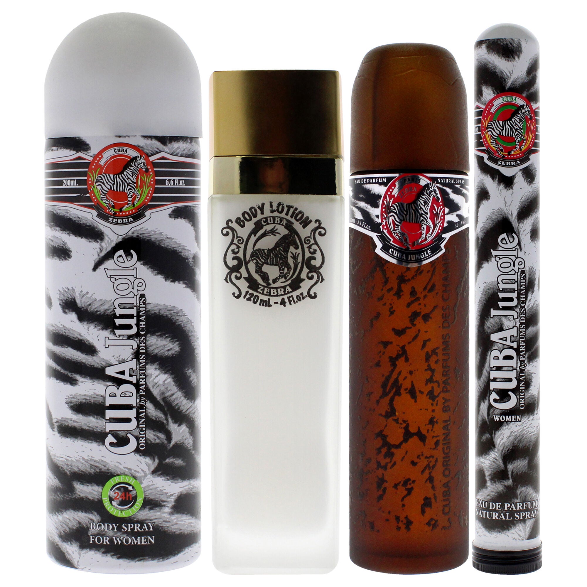 Cuba Jungle Zebra by Cuba for Women - 4 Pc Gift Set 3.3oz EDP Spray, 1.7oz EDP Spray, 6.6oz Body Spray, 4oz Body Lotion, Clear, alternate image number 1