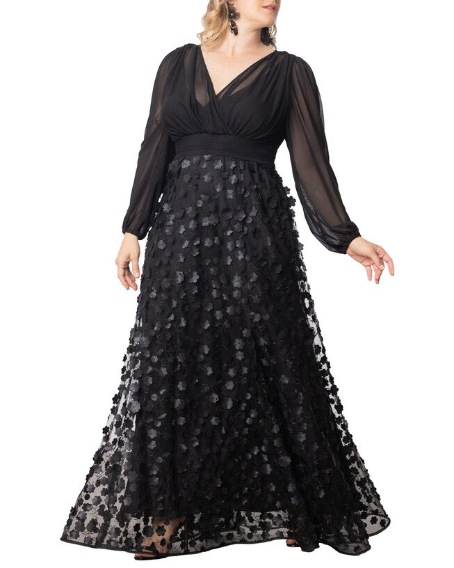 Blossoming Beauty Mesh Evening Gown, ONYX BLOSSOMS / Black, hi-res image number 0