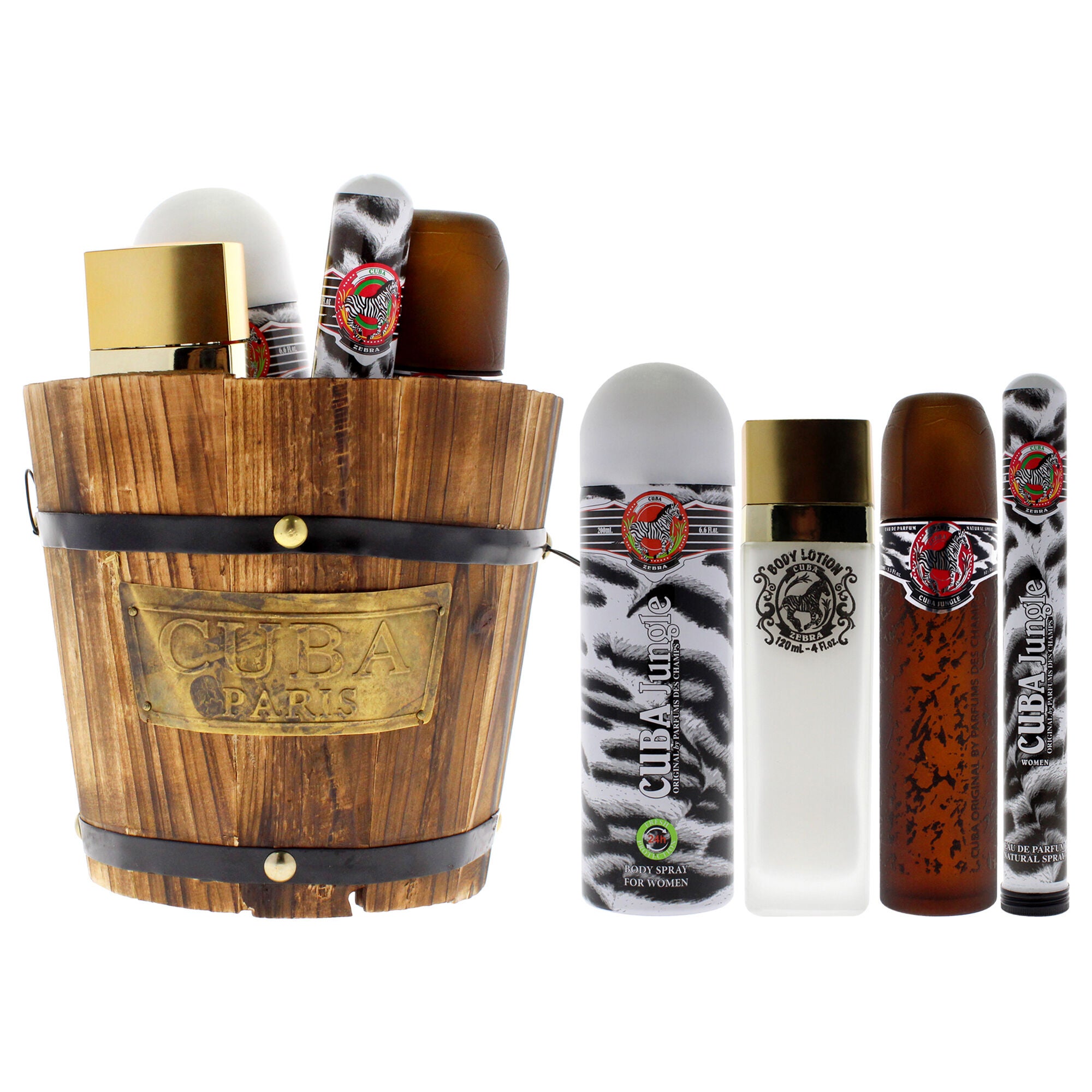 Cuba Jungle Zebra by Cuba for Women - 4 Pc Gift Set 3.3oz EDP Spray, 1.7oz EDP Spray, 6.6oz Body Spray, 4oz Body Lotion, Clear, hi-res image number 0